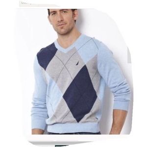 Nautica Color Block Long Sleeve  V Neck Sweater| Blue| Gray Size‎ L